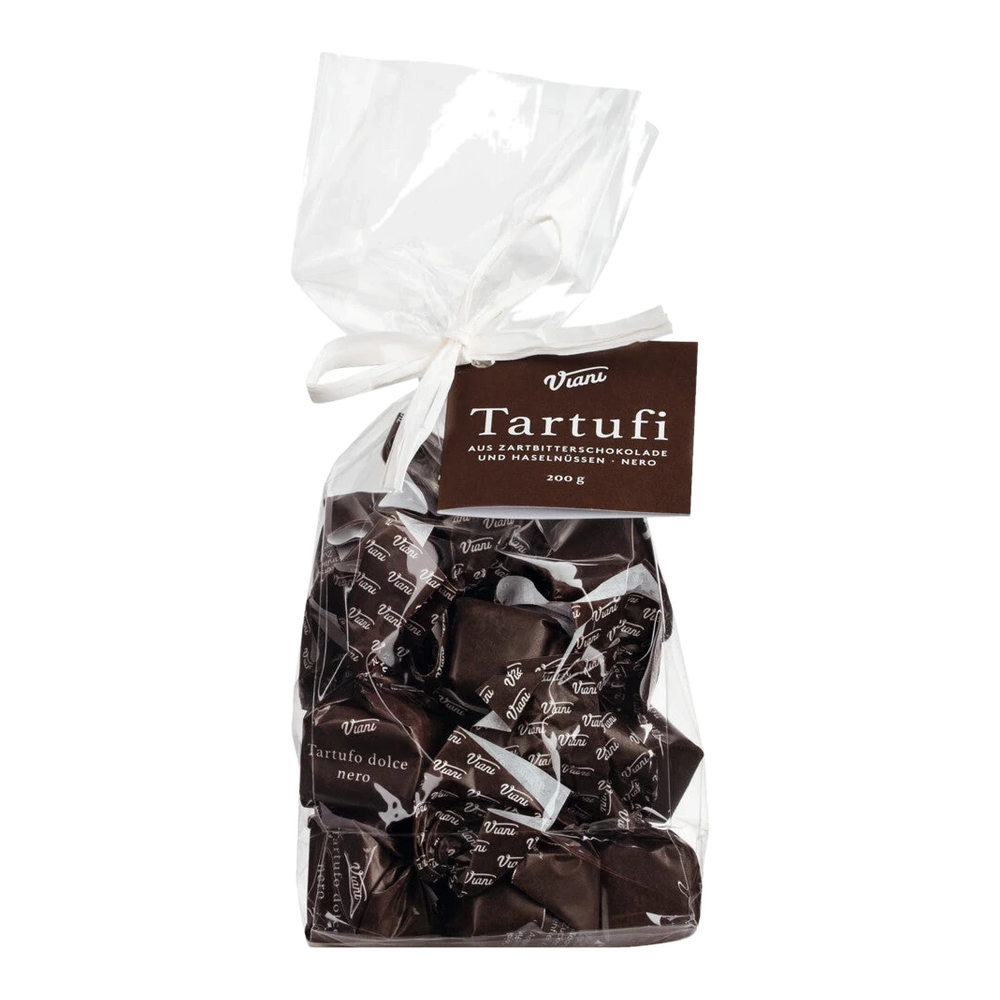 Tartufi dolci neri classic edition – 14 chocolate truffles with IGP hazelnuts in a transparent bag with a bow