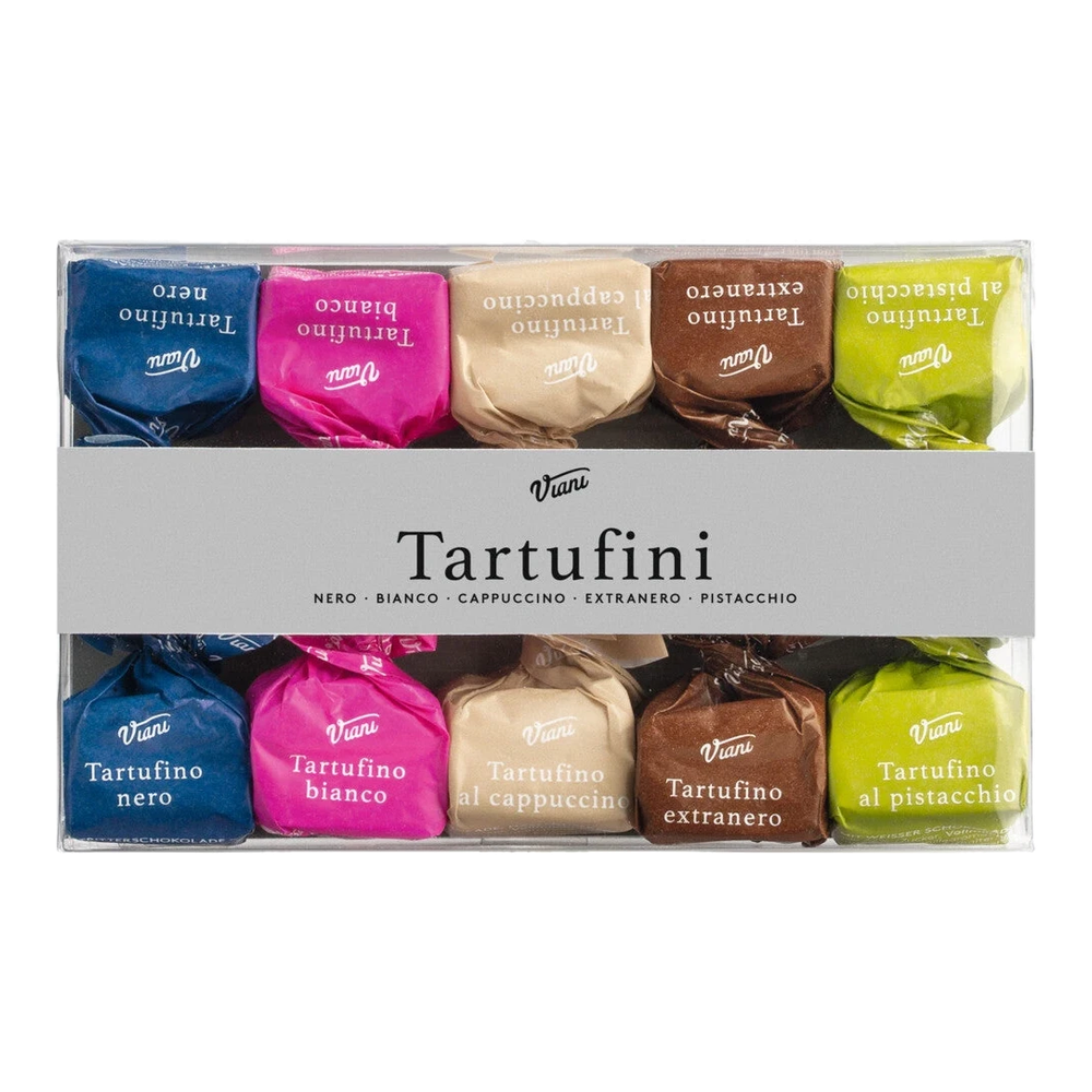 Ten chocolate truffles in a case, varieties nero, extra nero, bianco, cappuccino, and pistacchio, 2 pieces each.