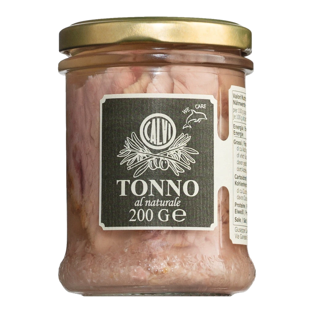 Can of Tonno all naturale, tuna in water without additives, Italian antipasti product.