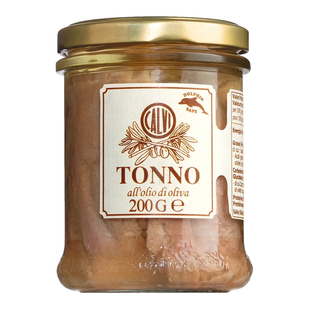 Glass jar with yellowfin tuna in olive oil, Tonno all'olio d'oliva, hand-cut, Italian tradition