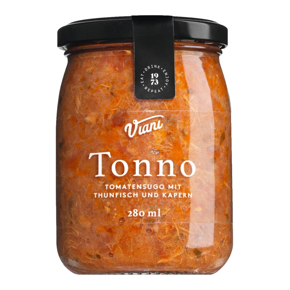 Jar of tomato sugo with tuna and capers by Antonio Viani Importe, Tonno, southern Italian sauce