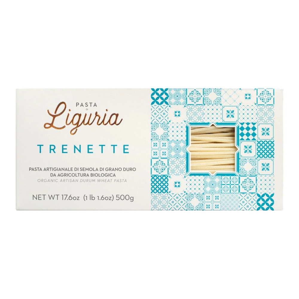 Organic Trenette, flat Ligurian ribbon noodles with a rough surface, in packaging