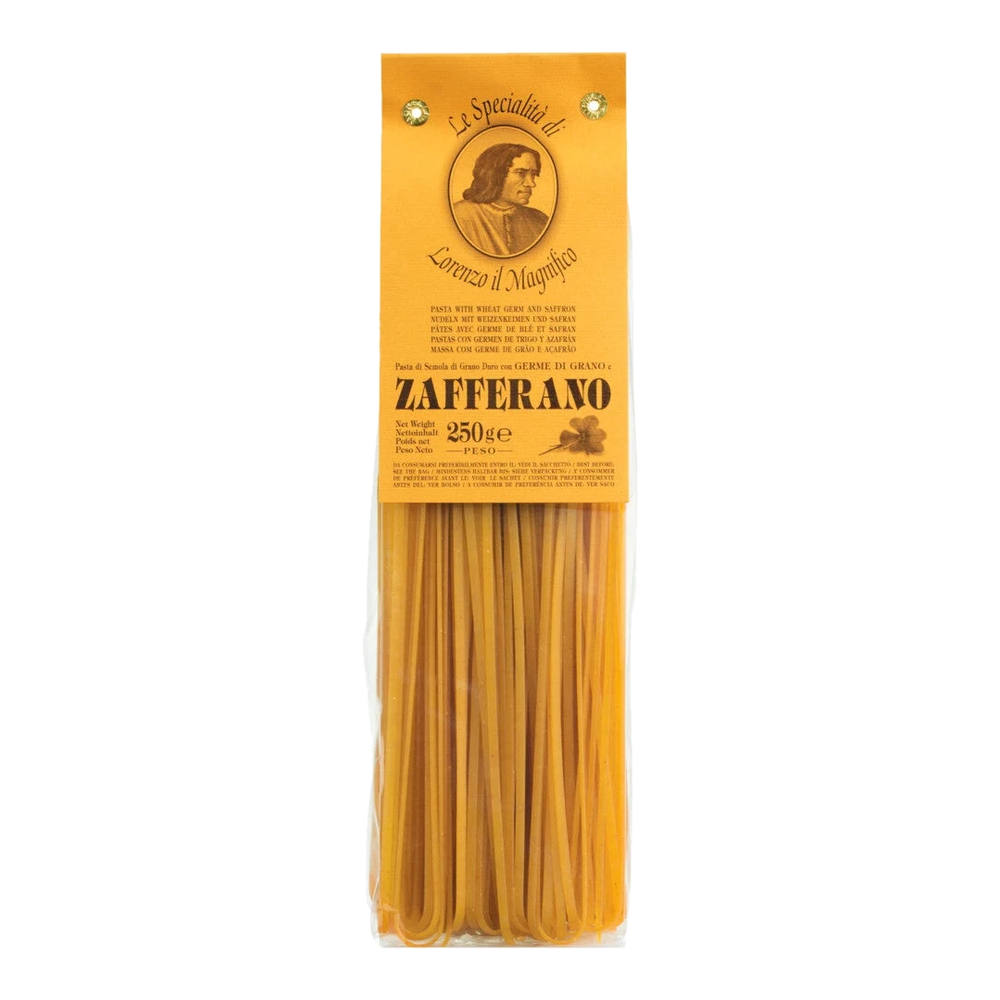 Zafferano Linguine with saffron – golden yellow pasta made from durum wheat semolina with real saffron powder, in packaging.