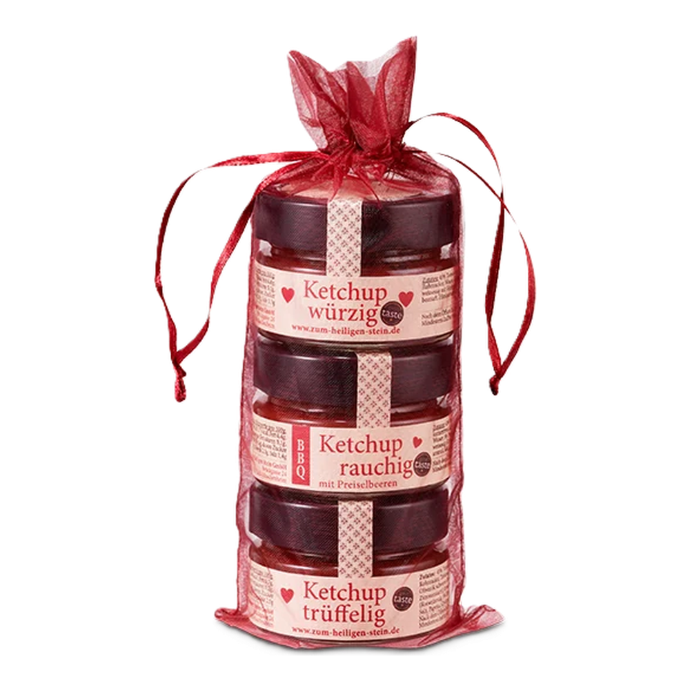 Zum Heiligen Stein ketchup gourmet mix, three bottles of 0.75g each, glass with red ketchup and product label