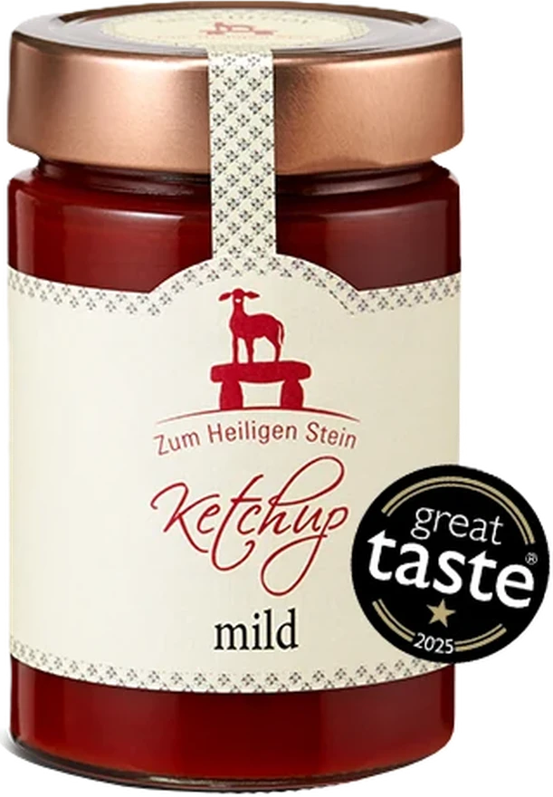 Zum Heiligen Stein Ketchup mild, 400g – Glasflasche mit rotem Etikett auf weißem Hintergrund.
