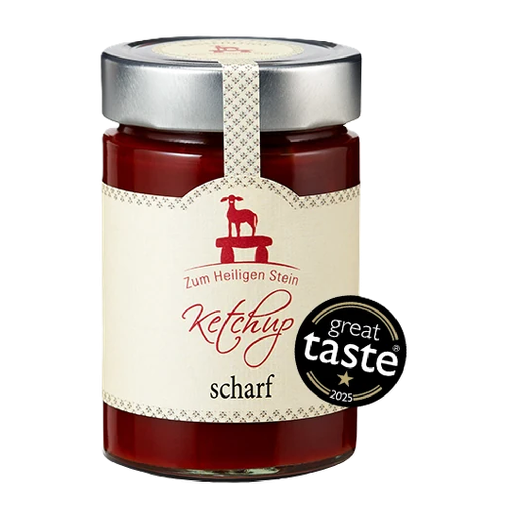 Zum Heiligen Stein spicy ketchup, 400g tube, red packaging with product logo