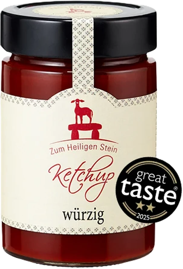Zum Heiligen Stein GmbH würziger Ketchup in einer 400g Glasflasche mit rotem Etikett