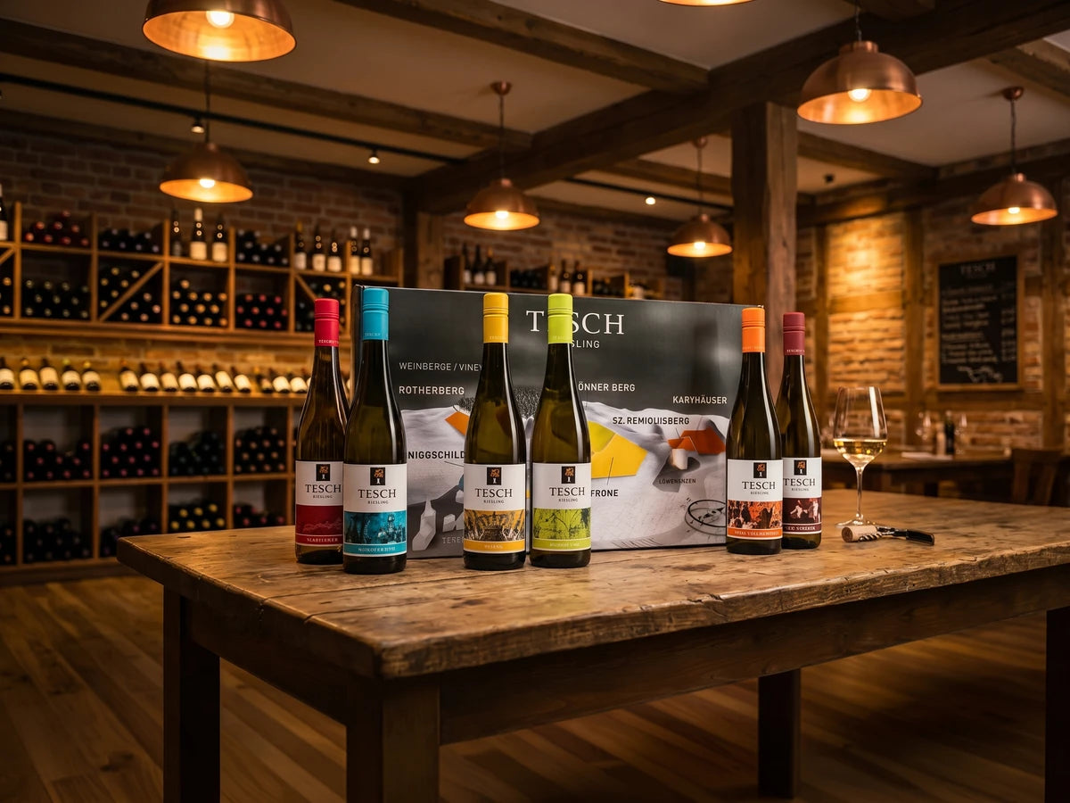 Sommerliche Weinatmosphäre mit Gläsern im warmen Sonnenlicht, umgeben von üppig grünen Weinreben.