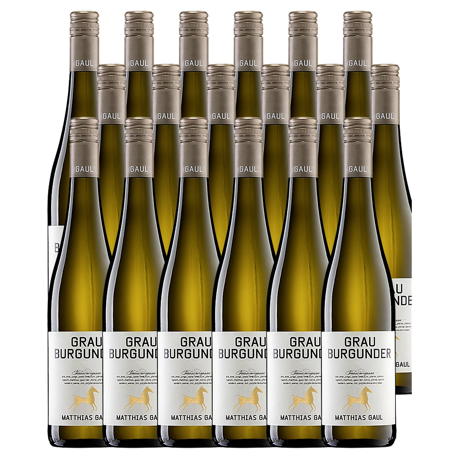 18 bottles of Matthias Gaul Grauburgunder from the Palatinate in a value pack, arranged standing upright.