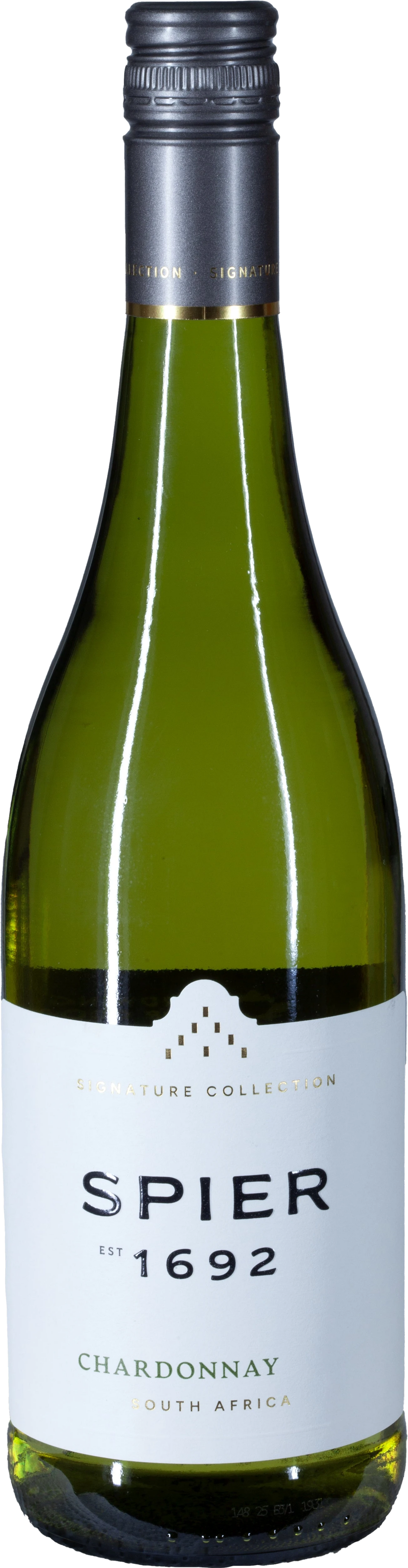 Spier Cellars Signature Chardonnay, Weißweinflasche aus Stellenbosch, Südafrika, strohgelbes Etikett.