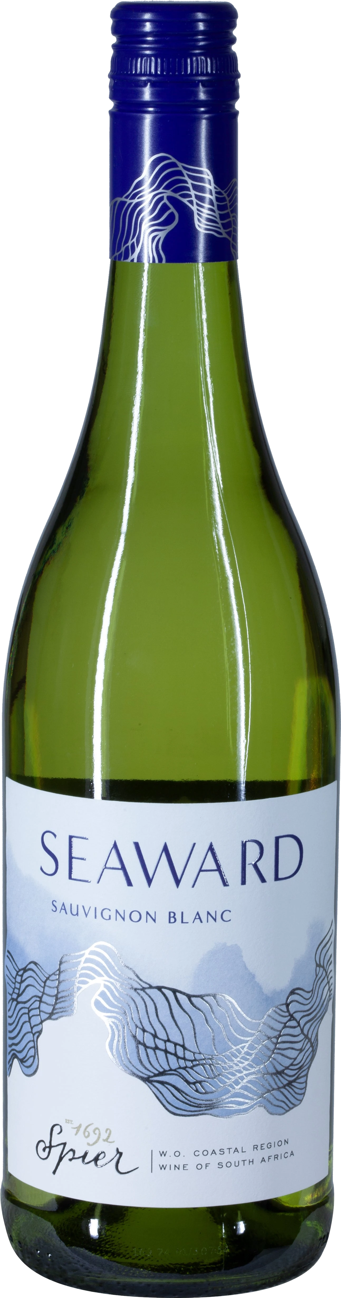 Spier Cellars Seaward Sauvignon Blanc – südafrikanischer Weißwein in klarer Flasche mit blauem Etikett.