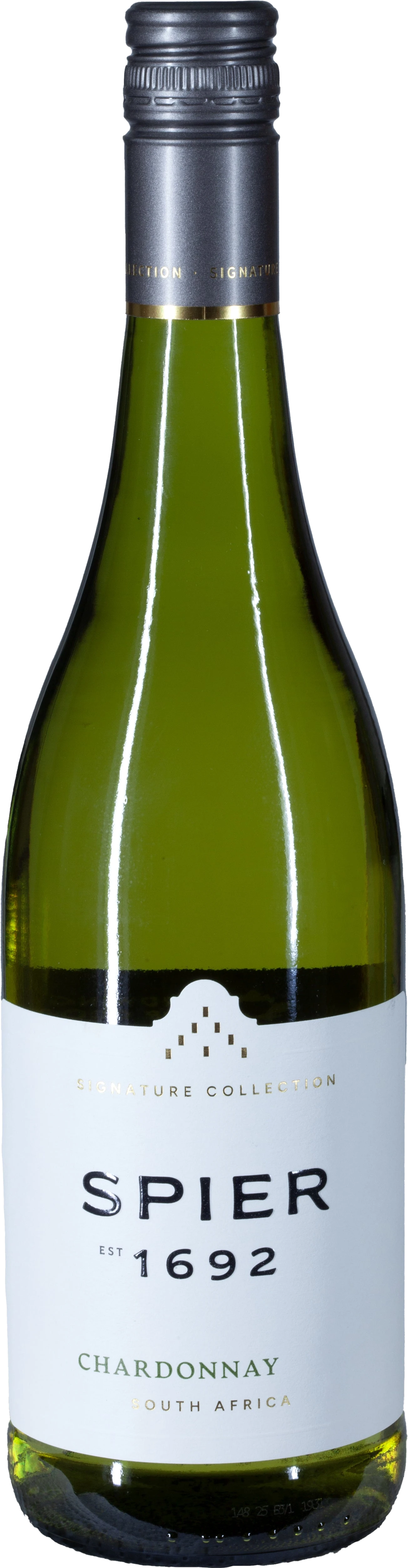 Spier Cellars Signature Chardonnay, Weißweinflasche aus Stellenbosch, Südafrika, strohgelbes Etikett.