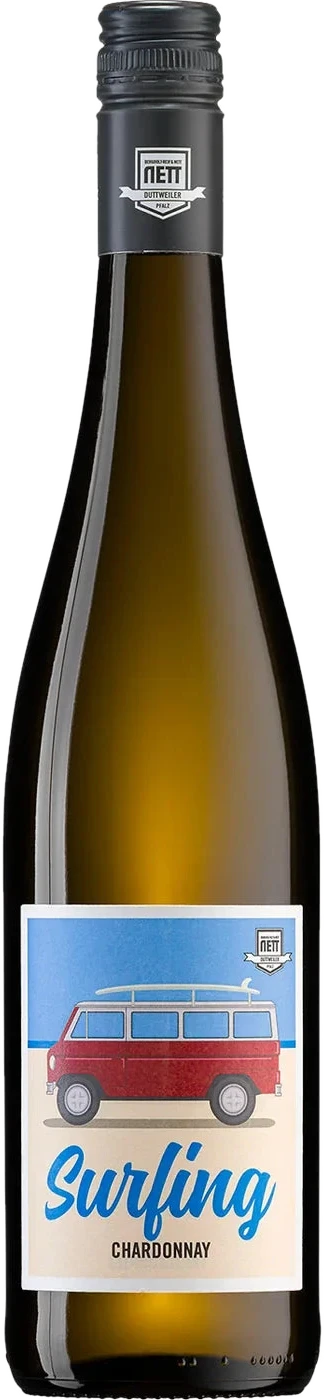 White wine bottle Surfing Chardonnay from the Bergdolt-Reif & Nett winery with a modern label
