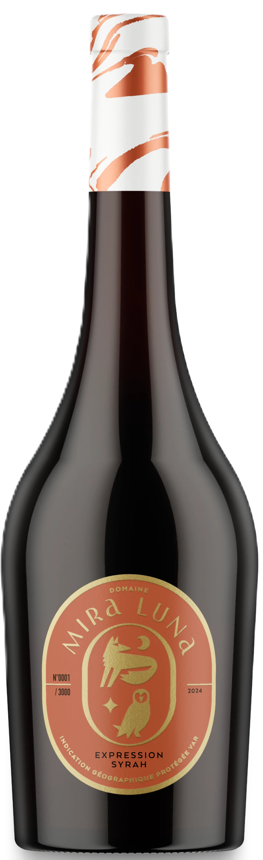 Rotweinflasche Syrah Amphora von Domaine Mira Luna mit dunklem Etikett