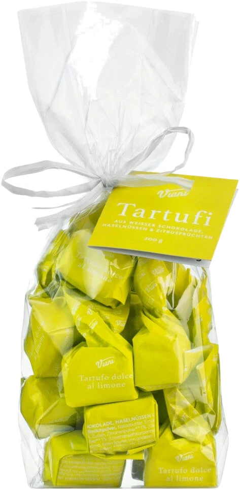 Tartufi dolci al limone – handgeformte Schokoladentrüffel aus weißer Schokolade mit Zitrusfüllung in einer Schachtel
