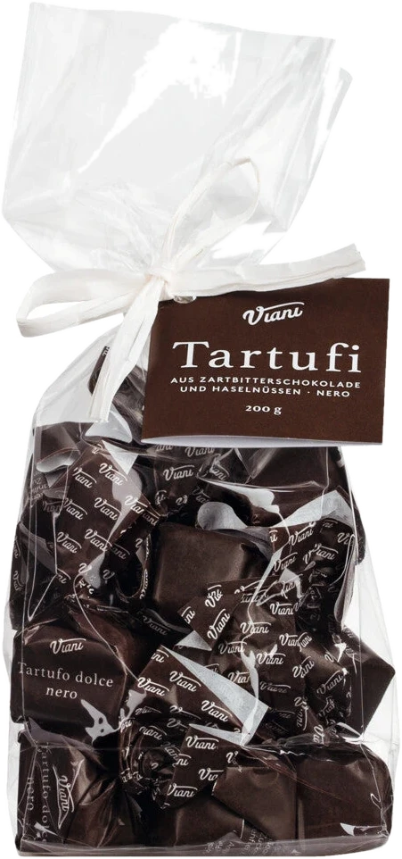 Tartufi dolci neri classic edition – 14 Schokoladentrüffel mit Haselnüssen IGP im transparenten Beutel mit Schleife