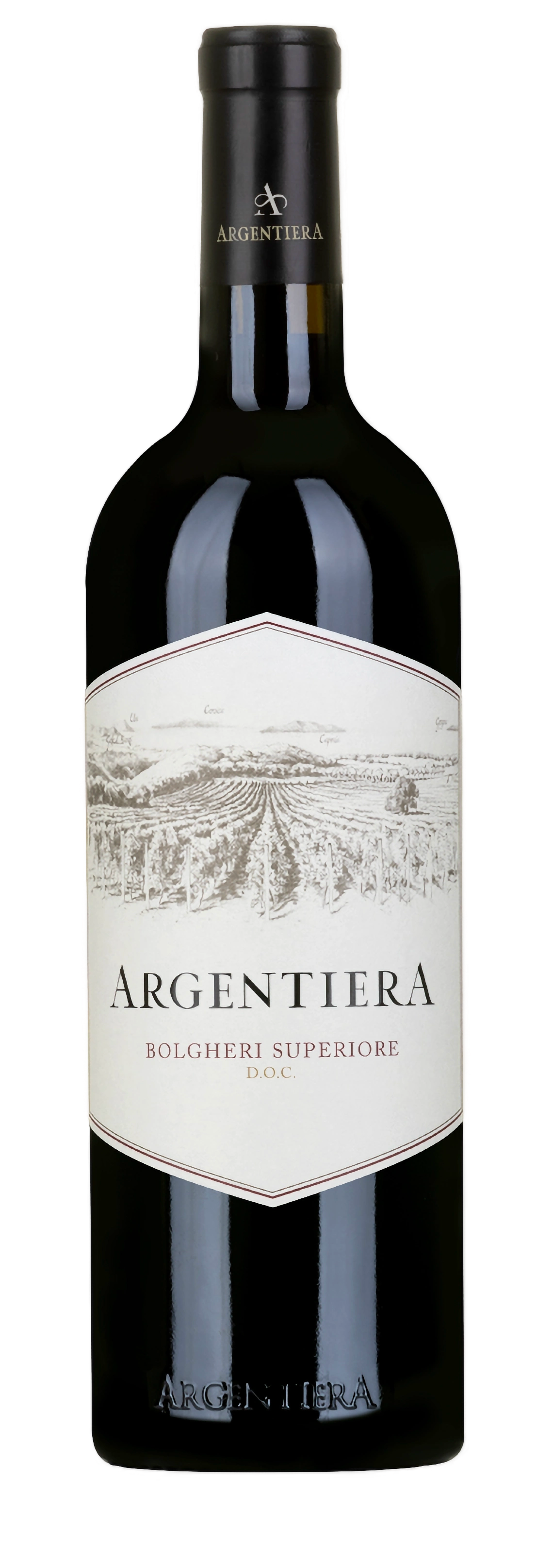 Dunkle Rotweinflasche von Tenuta Argentiera, Argentiera Bolgheri Superiore, mit elegantem schwarzem Etikett