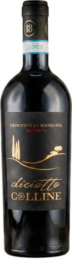 Torrevento Diciotto Colline Primitivo di Manduria Riserva DOC Flasche mit schwarzem Etikett.
