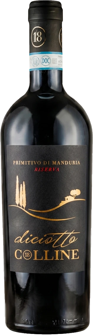 Torrevento Diciotto Colline Primitivo di Manduria Riserva DOC Flasche mit schwarzem Etikett.