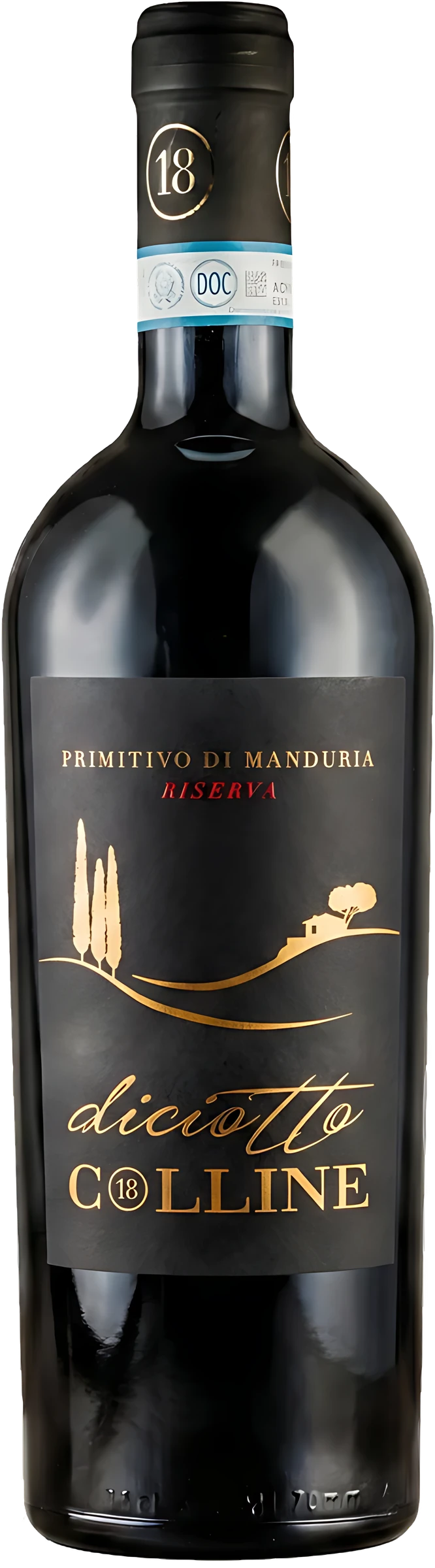 Torrevento Diciotto Colline Primitivo di Manduria Riserva DOC Flasche mit schwarzem Etikett.