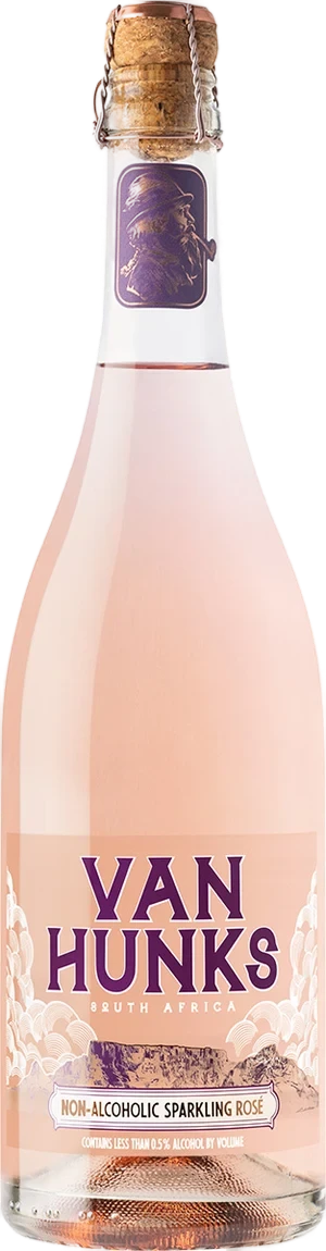 Flasche Van Hunks Non-Alcoholic Rosé Sparkling Wine, alkoholfreier Rosé-Schaumwein aus Südafrika