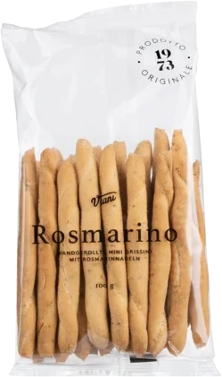 Viani Rosmarino Mini Grissini mit Rosmarin, kurze handgerollte Brotstangen in einer Packung