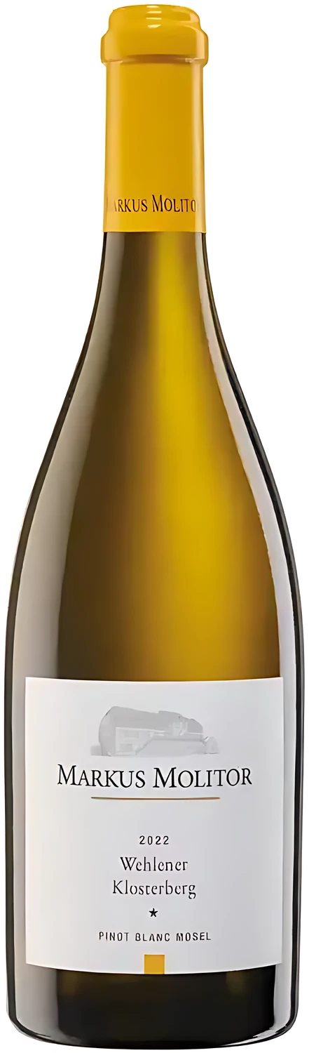 Weißweinflasche Markus Molitor Wehlener Klosterberg Pinot Blanc mit weißem Etikett
