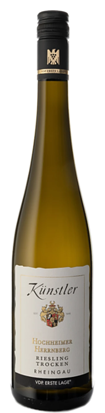 Weingut Künstler Herrnberg Riesling Erste Lage trocken, strohgelbe Weißweinflasche mit Etikett