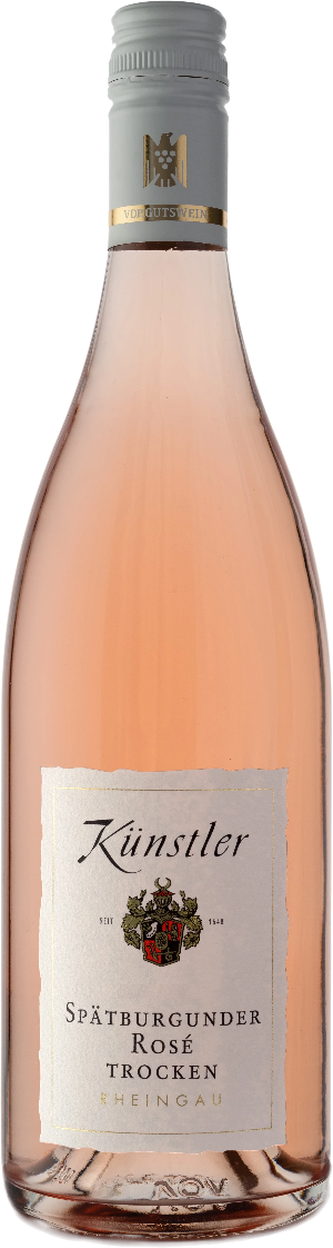 Flasche Spätburgunder Rosé vom Weingut Künstler, helles Lachsrosa, elegantes Etikett