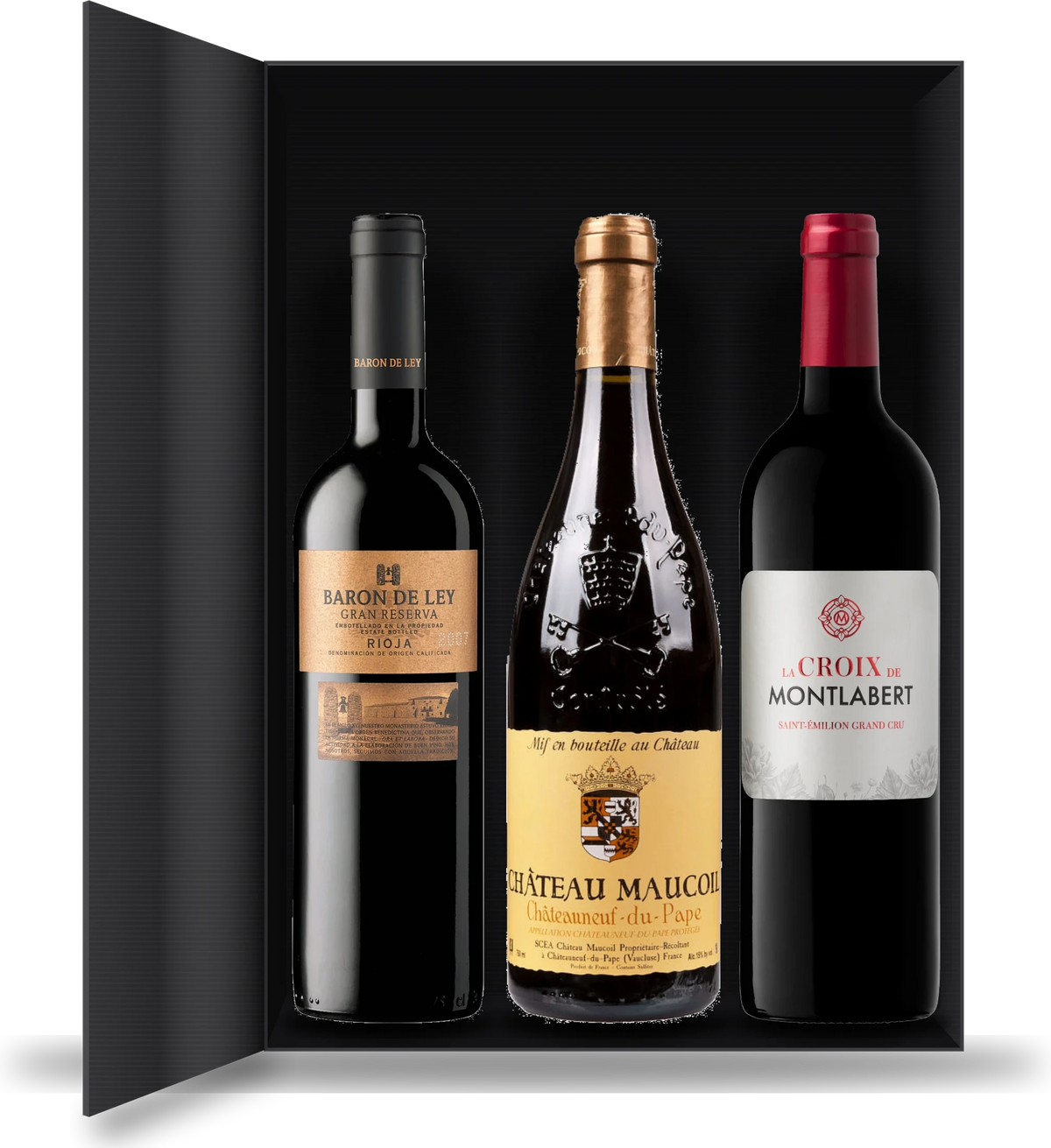 Probierpaket mit drei Weinflaschen: Rioja Gran Reserva, Châteauneuf-du-Pape und Saint-Émilion Grand Cru von Vinoscout