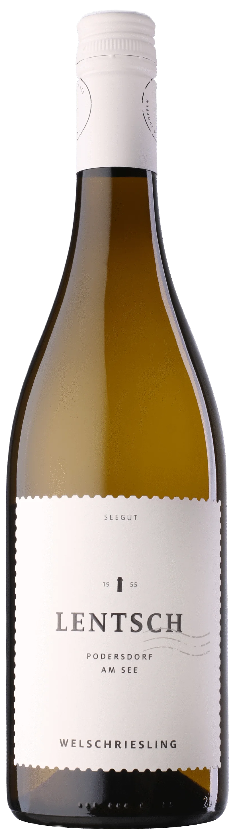 Weingut Lentsch Welschriesling – österreichischer Weißwein in klarer Flasche mit hellem Etikett.