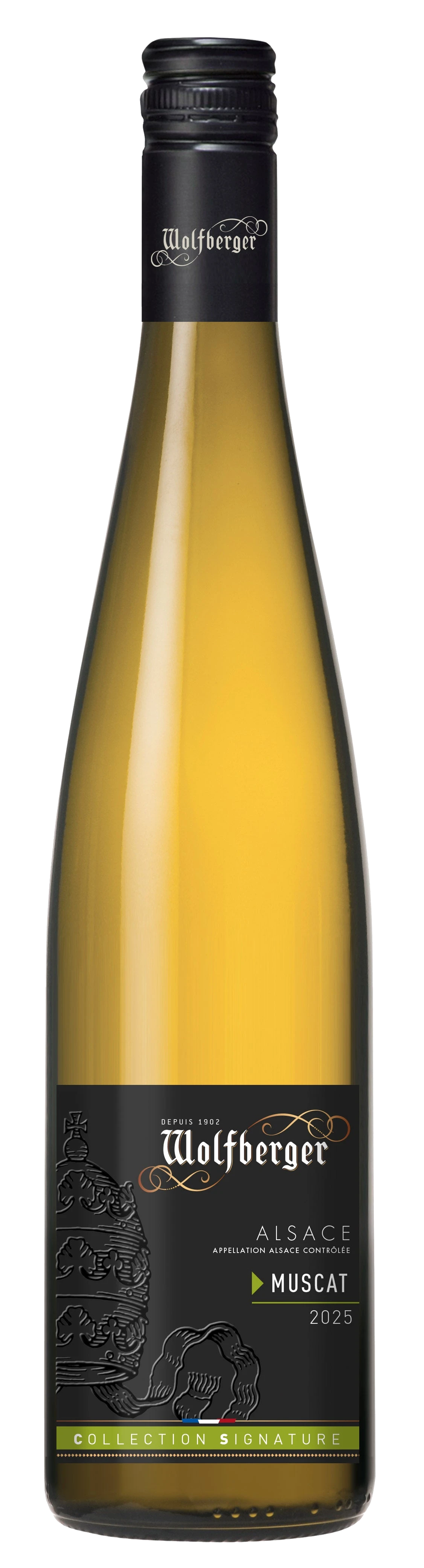 Weinflasche Wolfberger Muscat Signature, elsässischer Weißwein, blumig-frisch, Winzergenossenschaft Eguisheim