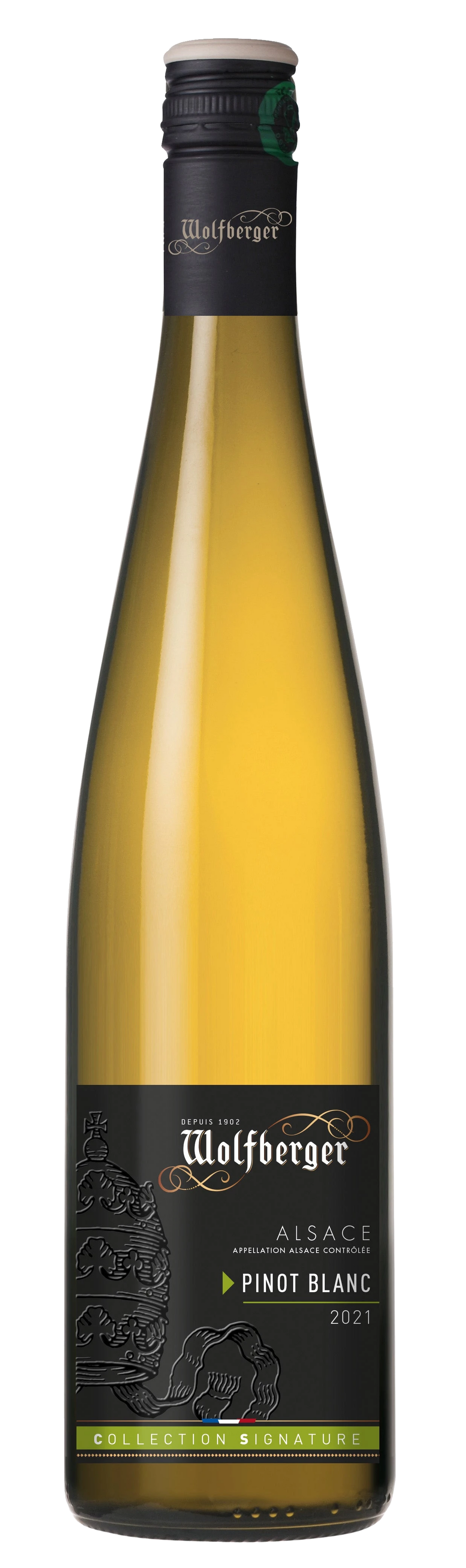 Weißweinflasche Wolfberger Pinot Blanc Signature aus dem Elsass, helles Etikett mit Herstellername