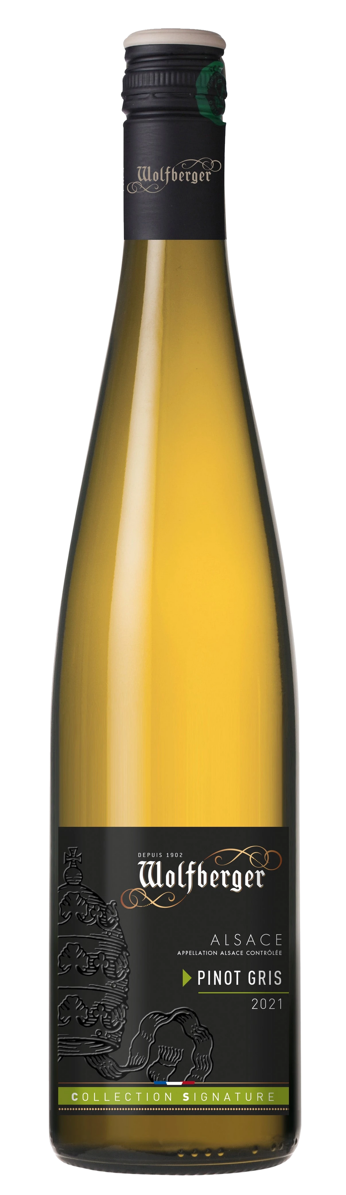 Weinflasche Wolfberger Pinot Gris Signature, Weißwein aus dem Elsass, hellgelbe Farbe mit grünlichen Reflexen