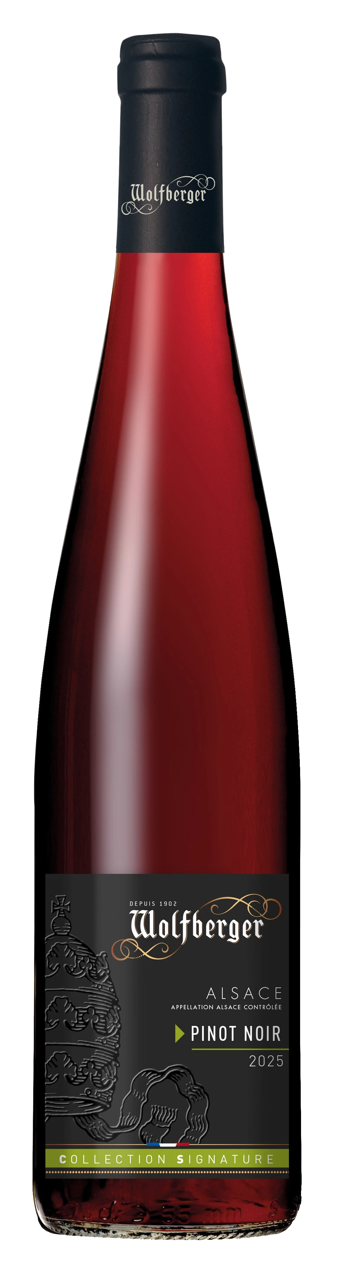Flasche Wolfberger Pinot Noir Signature Rotwein, Elsass, mit Etikett und Kapsel