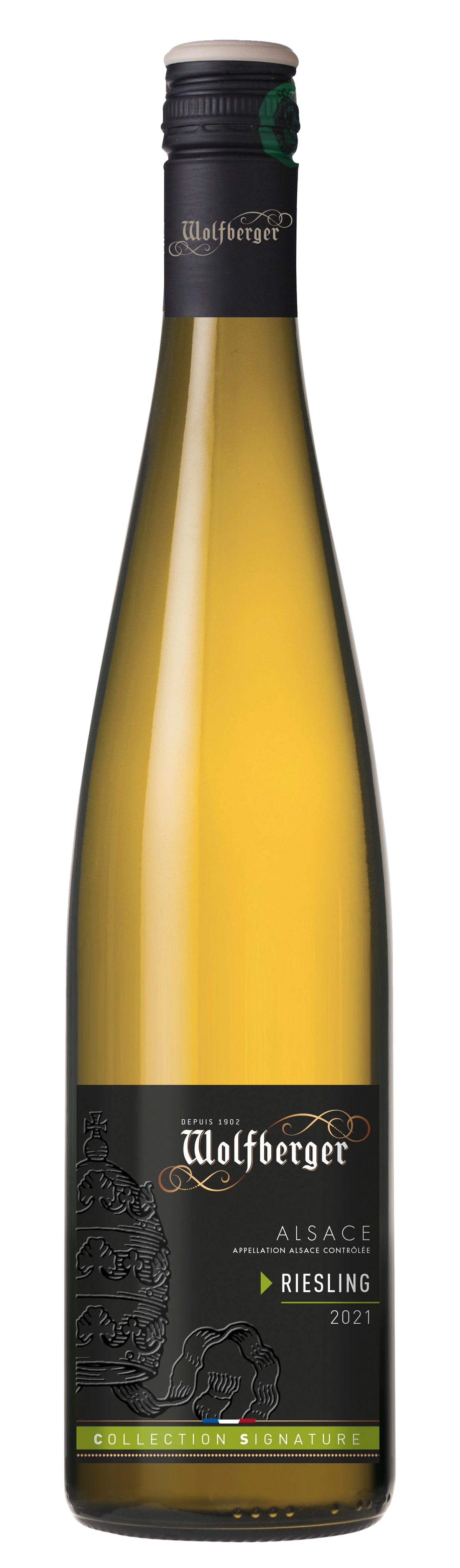Weinflasche Wolfberger Riesling Signature, trockener weißer Elsässer Riesling, gelbgrüne Farbe
