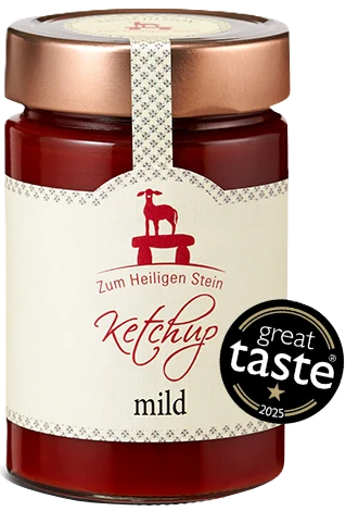 Zum Heiligen Stein Ketchup mild, 400g – Glasflasche mit rotem Etikett auf weißem Hintergrund.