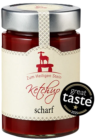 Zum Heiligen Stein Ketchup scharf, 400-g-Tube, rote Verpackung mit Produktlogo