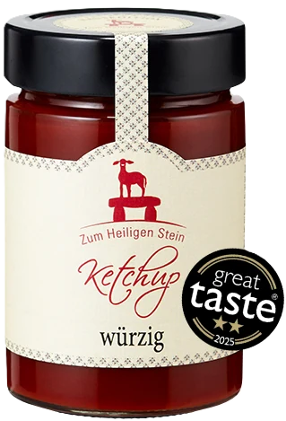 Zum Heiligen Stein GmbH würziger Ketchup in einer 400g Glasflasche mit rotem Etikett